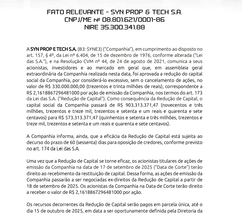 reducao de capital anunciada syne3