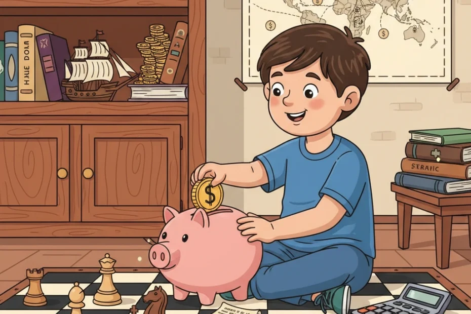 crianca brincando e depositando dinheiro no cofre
