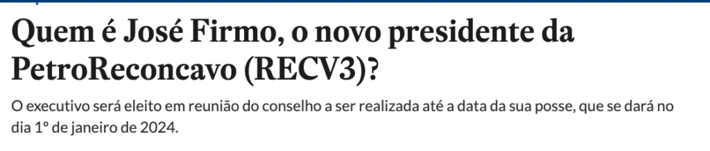 Noticia do novo presidente da PetroReconcavo