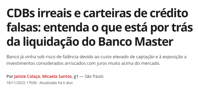 noticia de quebra de cdb do banco master