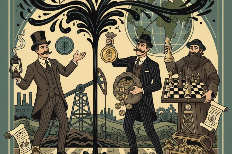 Homens furando e encontrando petróelo