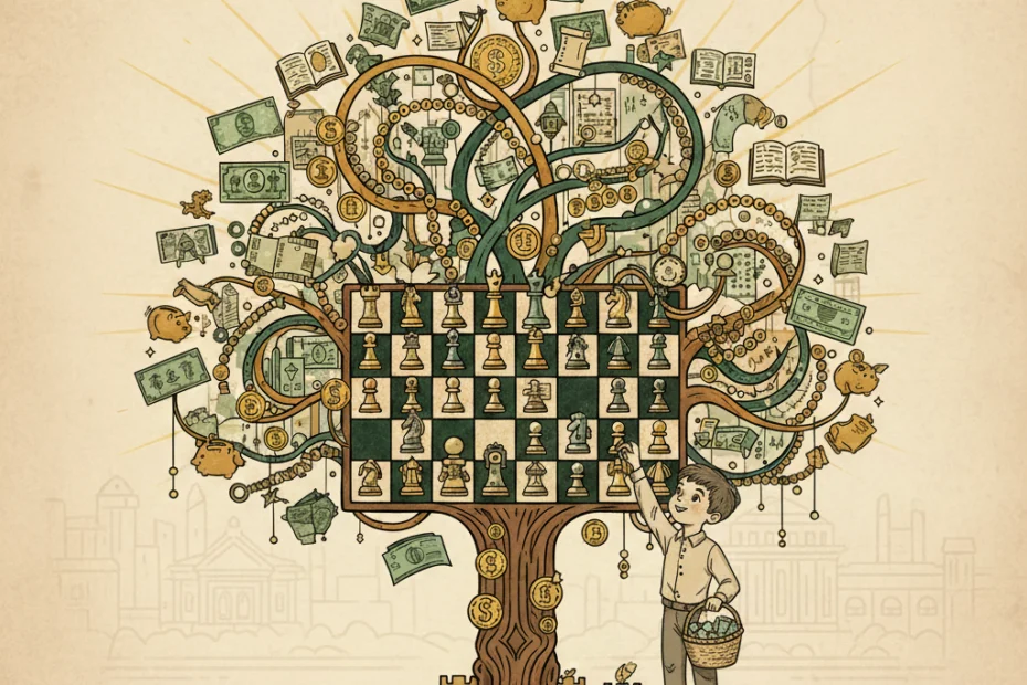 Garoto colhendo dinheiro da árvore através de renda passiva