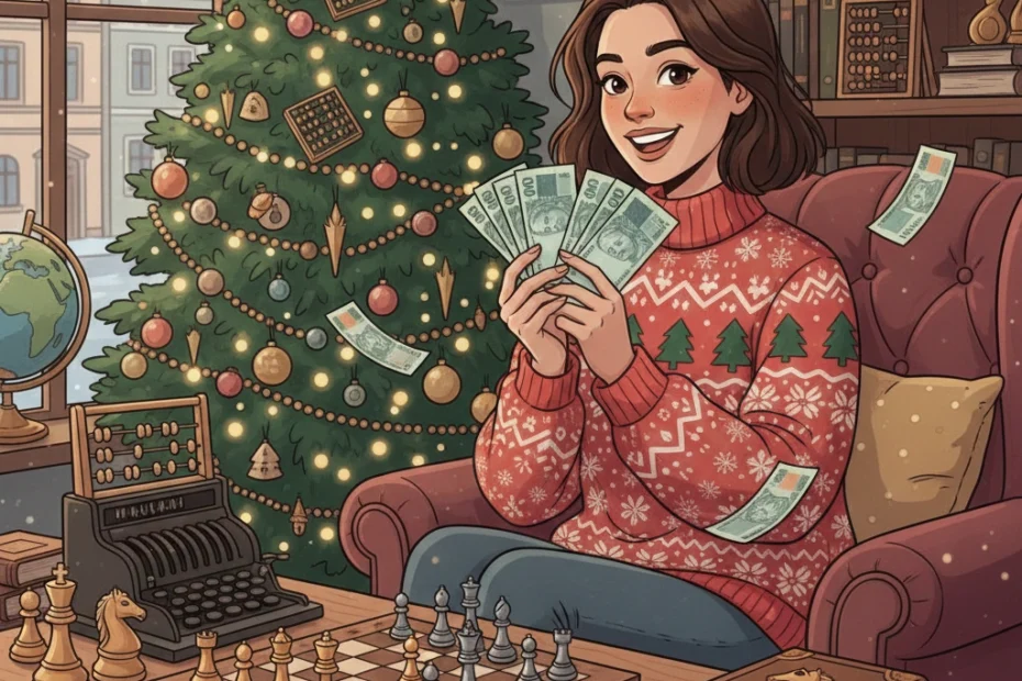 mulher comemorando seu natal com dinheiro