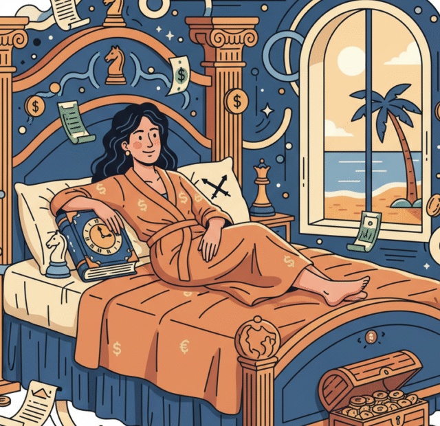 mulher deitada na cama recebendo dinheiro