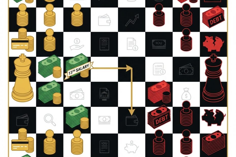 Tabuleiro de xadrez com pilhas de dinheiro e contas, representando a decisão estratégica sobre o 13º salário.