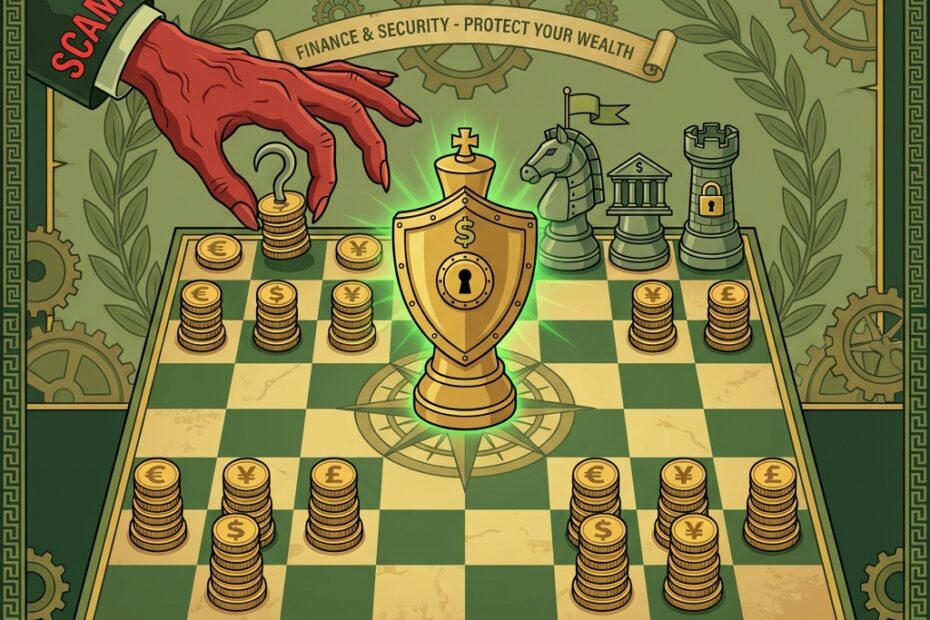 Ilustração vetorial de xadrez financeiro simbolizando proteção contra golpes de empréstimo para negativados.