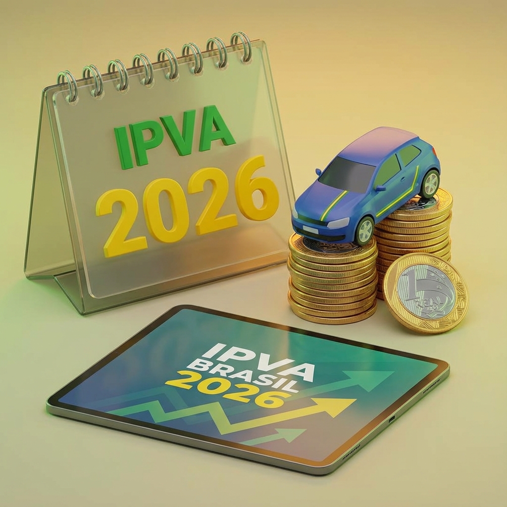 Calendário e Carro sobre Moedas - IPVA 2026 Conceito