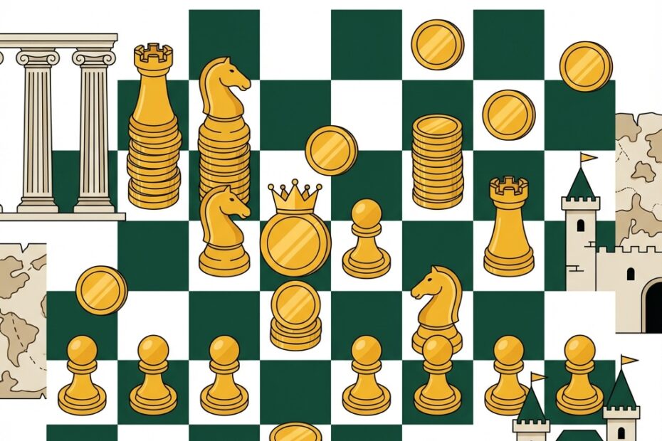 Tabuleiro de xadrez estilizado com moedas de ouro e peças de xadrez, representando a estratégia financeira e matemática.