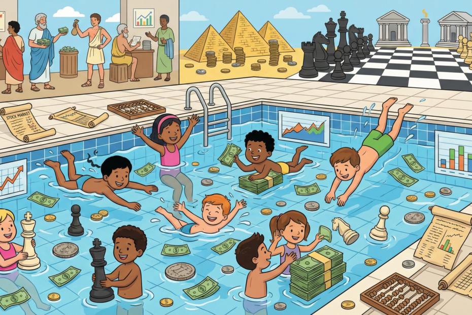 criança nadando em uma piscina de dinheiro