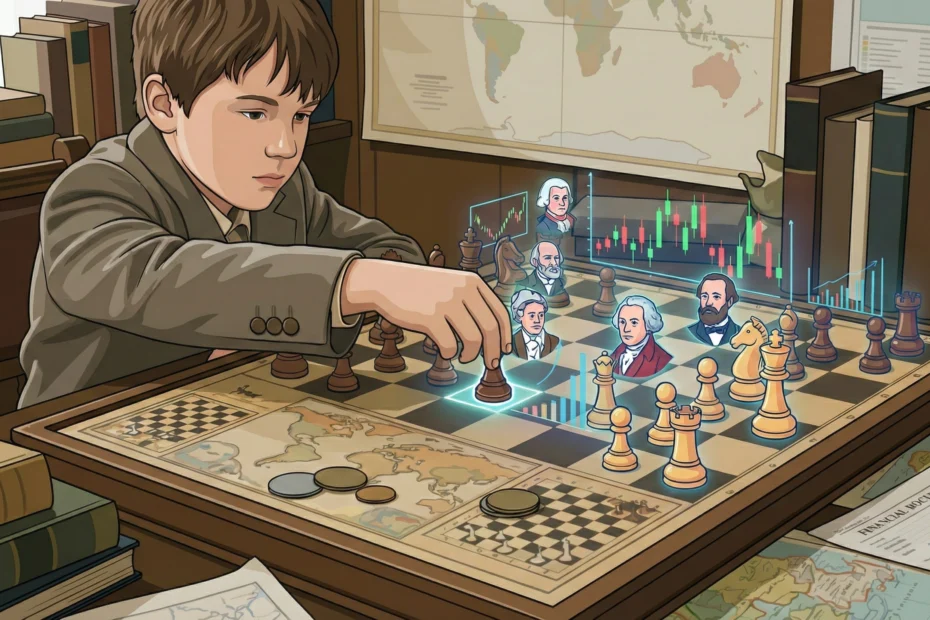 Ilustração vetorial de um tabuleiro de xadrez com peças financeiras e históricas, representando planejamento financeiro estratégico.