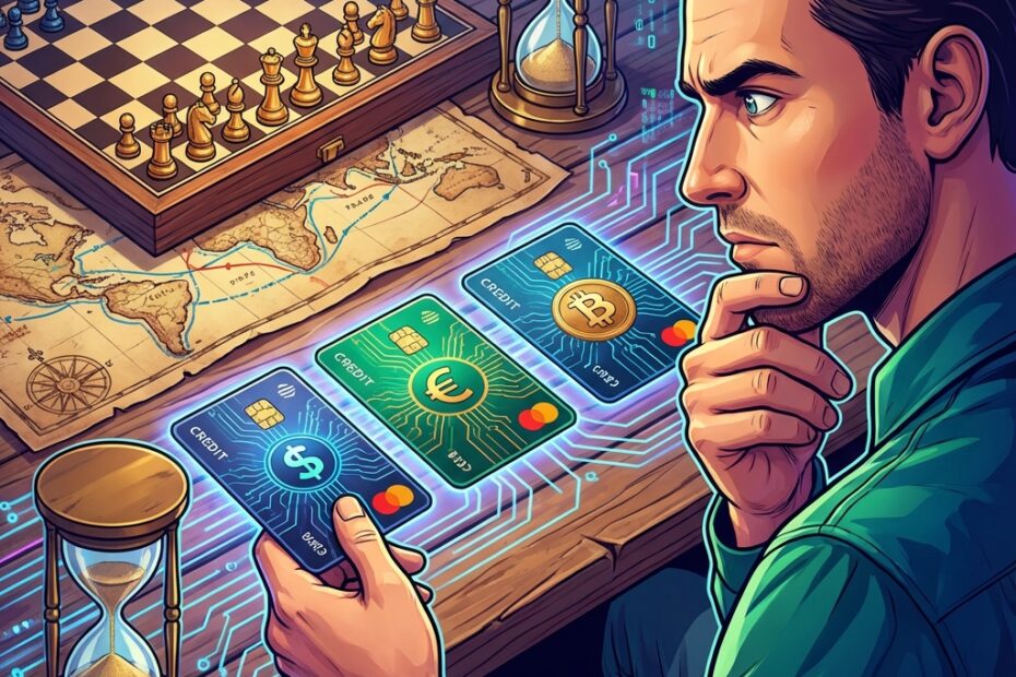 Ilustração vetorial de um homem em dúvida escolhendo entre três cartões de crédito sobre uma mesa com tabuleiro de xadrez, ampulheta e mapas históricos.