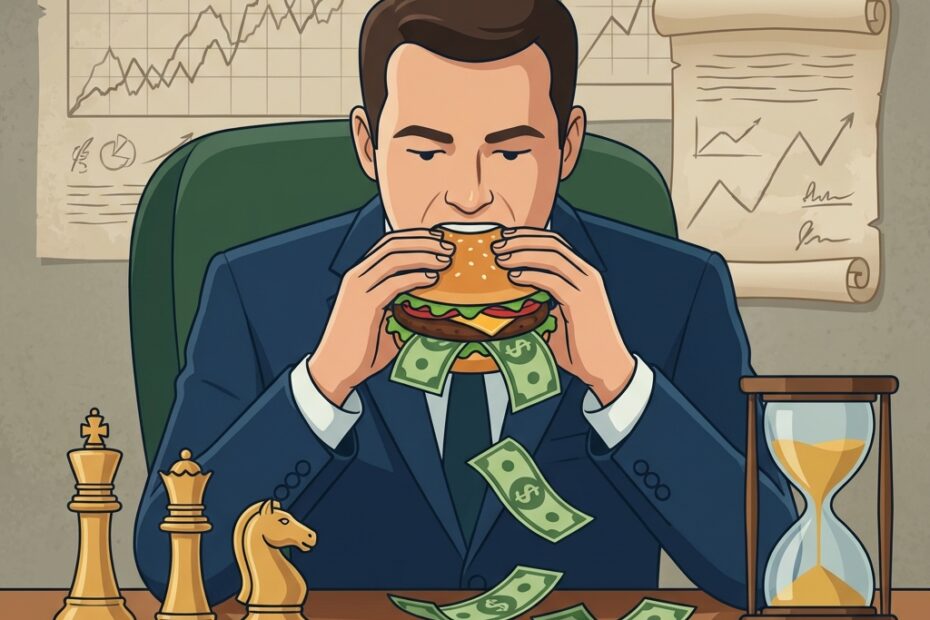 Empresário de terno azul mordendo hambúrguer recheado com notas de dólar, com peças de xadrez douradas (rei, rainha, cavalo) sobre a mesa, ampulheta representando o tempo, gráficos financeiros históricos e pergaminhos ao fundo, ilustração vetorial combinando estratégia financeira, história e investimentos