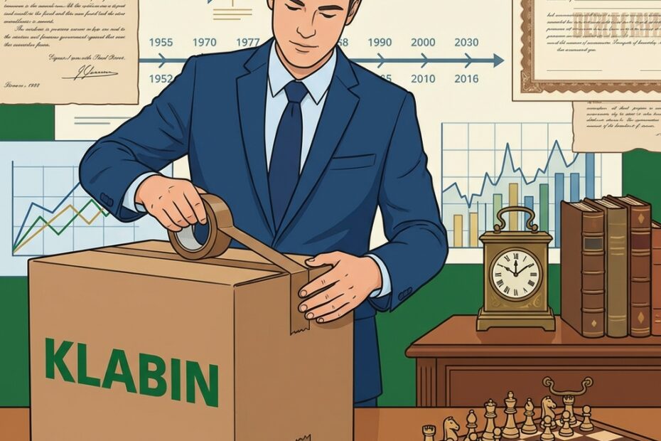 Empresário fechando caixa de papelão Klabin com elementos de história financeira, gráficos de investimento e tabuleiro de xadrez estratégico