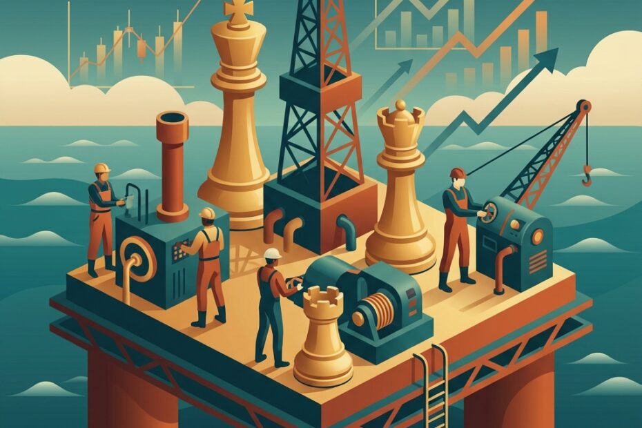 Ilustração vetorial premium de uma plataforma de petróleo offshore com elementos de xadrez e gráficos financeiros, simbolizando a estratégia e história da Petrobras.