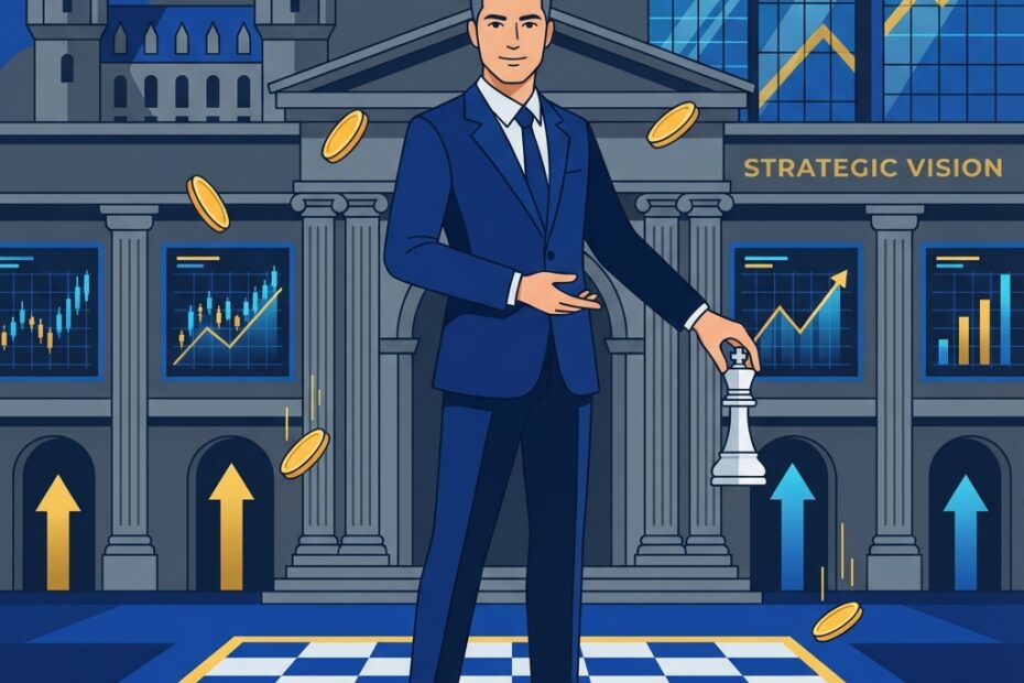 Ilustração vetorial estratégica de Raiam Santos com temas de xadrez, finanças e história.