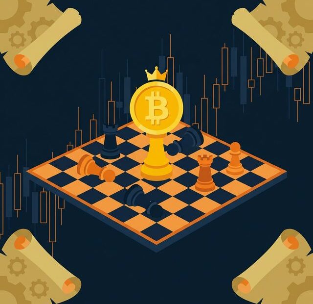 Ilustração vetorial com moeda Bitcoin dourada como peça de rei no xadrez sobre tabuleiro, cercada por peças caídas e gráficos de candlestick ao fundo, representando a volatilidade e os ciclos históricos do mercado cripto