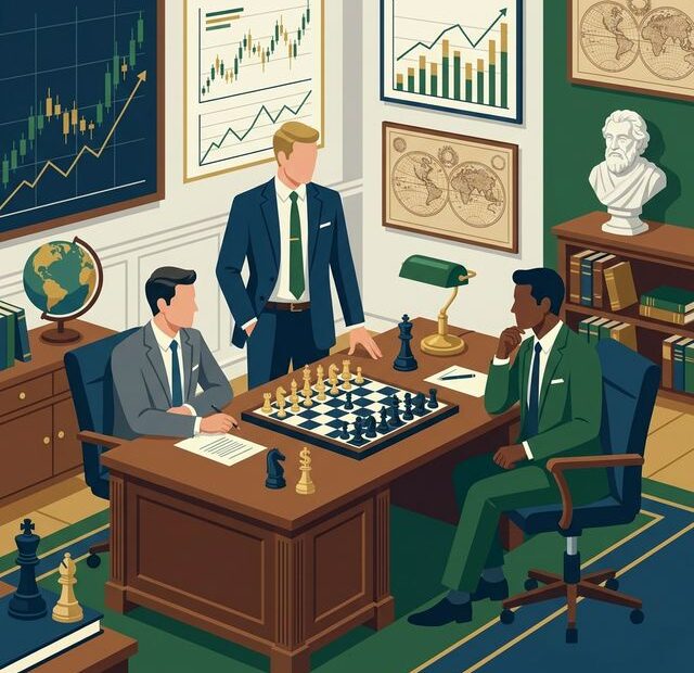 Ilustração vetorial de corretores de seguro em escritório com elementos de história, finanças e xadrez.