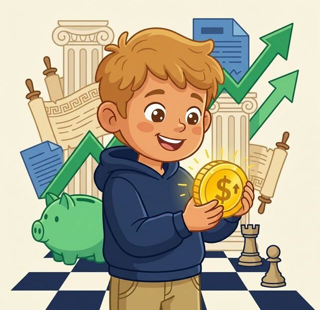 Ilustração vetorial de menino sorridente segurando moeda de ouro com símbolo de dólar, cercado por colunas clássicas, pergaminhos históricos, cofre porquinho, setas de crescimento financeiro e peças de xadrez sobre tabuleiro, representando educação financeira e estratégia de investimento em dividendos