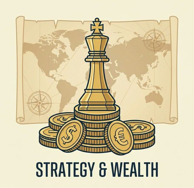 Rei de xadrez dourado sobre moedas, mapa antigo ao fundo, representando estratégia financeira e riqueza.