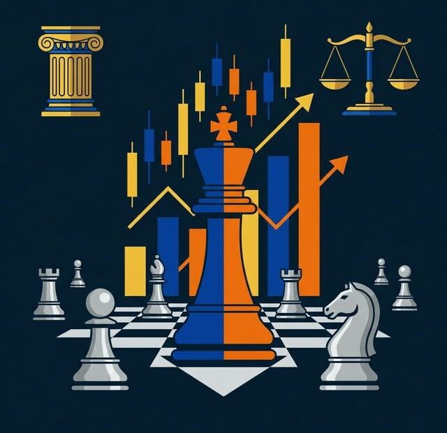 Ilustração vetorial com peça de rei de xadrez em azul e laranja (cores do Itaú Unibanco) no centro do tabuleiro, rodeado por peças prata representando concorrentes, com gráficos de candlestick e barras ascendentes ao fundo, pilares clássicos e ba
