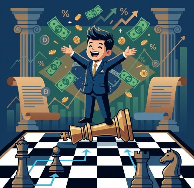 Ilustração vetorial de menino jogando dinheiro para cima, sobre um tabuleiro de xadrez gigante, com temática de finanças e história, representando crescimento patrimonial e estratégia.