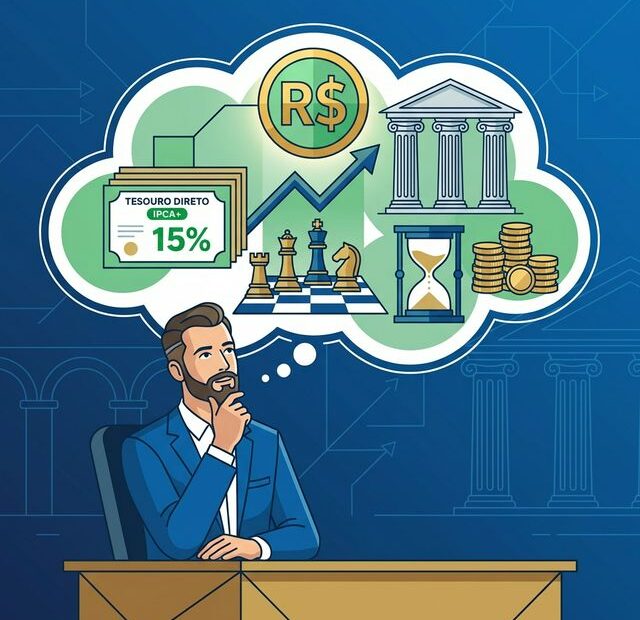 Ilustração vetorial de empresário pensativo com balão de pensamento contendo símbolos de renda fixa: certificado de Tesouro Direto com 15% e IPCA+, símbolo do Real brasileiro, gráfico de crescimento financeiro, peças de xadrez (rei, rainha, cavalo) sobre tabuleiro representando estratégia, colunas clássicas gregas simbolizando história e estabilidade, ampulheta indicando urgência temporal e pilhas de moedas douradas, sobre fundo azul com elementos arquitetônicos históricos