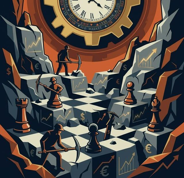 Ilustração vetorial estilizada representando a mineração de minério de ferro em um cenário que se funde com um tabuleiro de xadrez estratégico. Trabalhadores extraem rochas que contêm gráficos financeiros e símbolos de moeda, simbolizando a história econômica e as decisões estratégicas da Vale no mercado global.