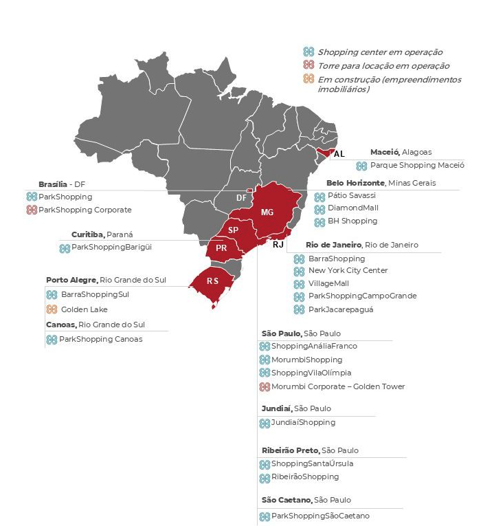 Mapa de Shoppings da Multiplan espalhados pelo Brasil
