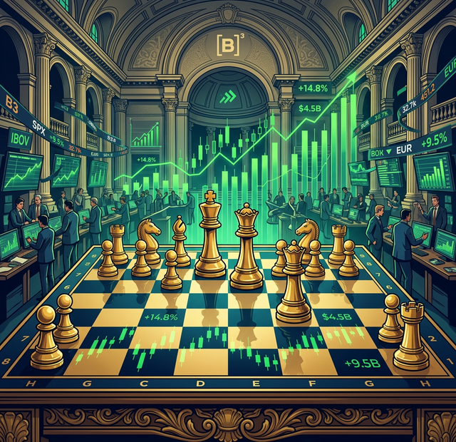 Tabuleiro de xadrez com pecas douradas dentro de uma bolsa de valores com graficos verdes e dados financeiros subindo ao fundo representando o momentum da B3SA3