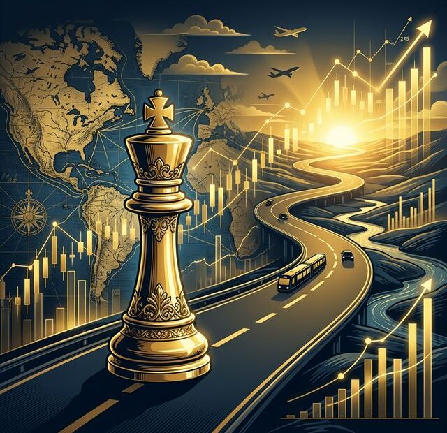 Peça de xadrez (rei) dourada sobre rodovia em perspectiva com gráficos de candlesticks em alta e mapa histórico ao fundo — representando o momentum da CCRO3 (CCR) na B3