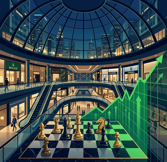 Interior de shopping premium com peças de xadrez em mármore e gráfico de crescimento verde representando o momentum das ações MULTI3 Multiplan na bolsa de valores brasileira