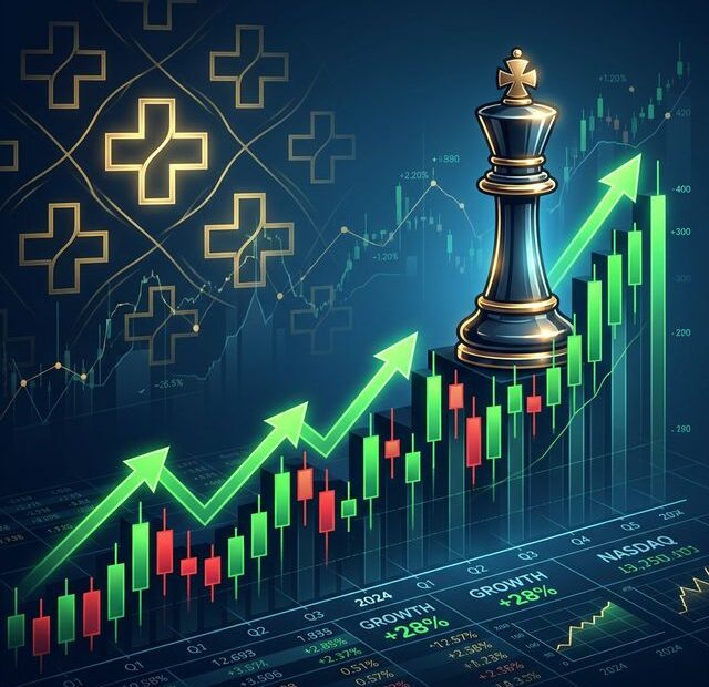 Peça de xadrez (rei) sobre gráfico de candlesticks em alta com símbolos hospitalares dourados — representando o momentum robusto da RDOR3 na B3