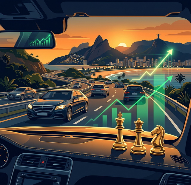 Interior de carro de luxo com pecas de xadrez douradas no painel e graficos financeiros verdes subindo ao fundo representando o momentum da RENT3 Localiza na bolsa de valores brasileira