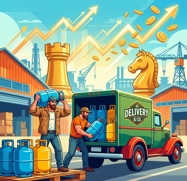 Capa do artigo UGPA3 Ultrapar, com homens colocando botijoes de gas no caminhao, com pecas de xadrez em ouro e dados de investimento subindo na infraestrutura