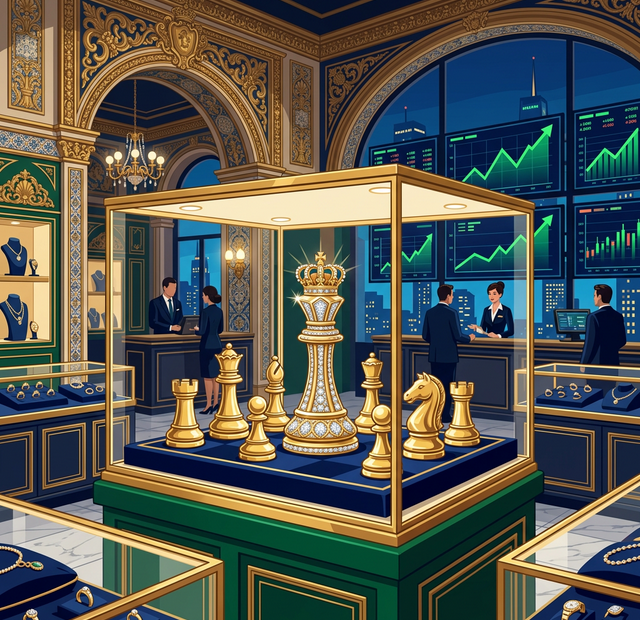 Joalheria de luxo com pecas de xadrez em ouro sobre vitrine de vidro e graficos financeiros verdes ao fundo representando o momentum da VIVA3 Vivara na bolsa de valores