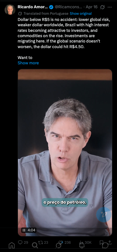 Printscreen sobre investimentos no x
