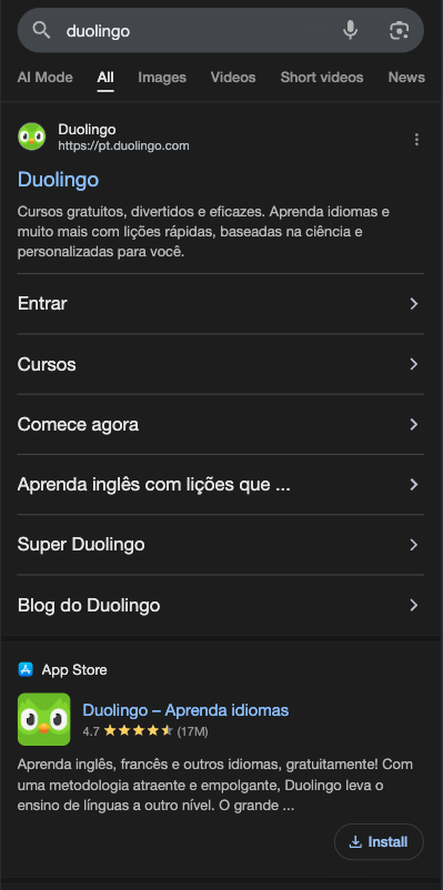 Printscreen da página de busca do google com o termo Duolingo