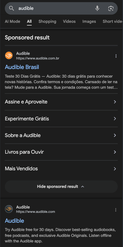 Printscreen da página de busca do google com o termo Audible