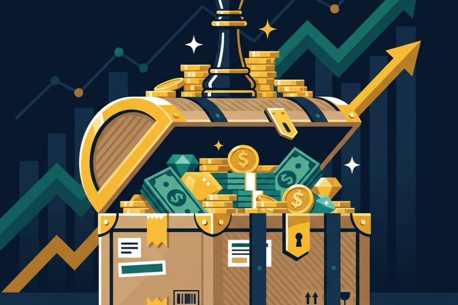 Amcor AMCR packaging box styled as a treasure chest overflowing with gold coins, a chess king piece on top, and rising stock chart arrows — representing dividend investing strategy and passive income.