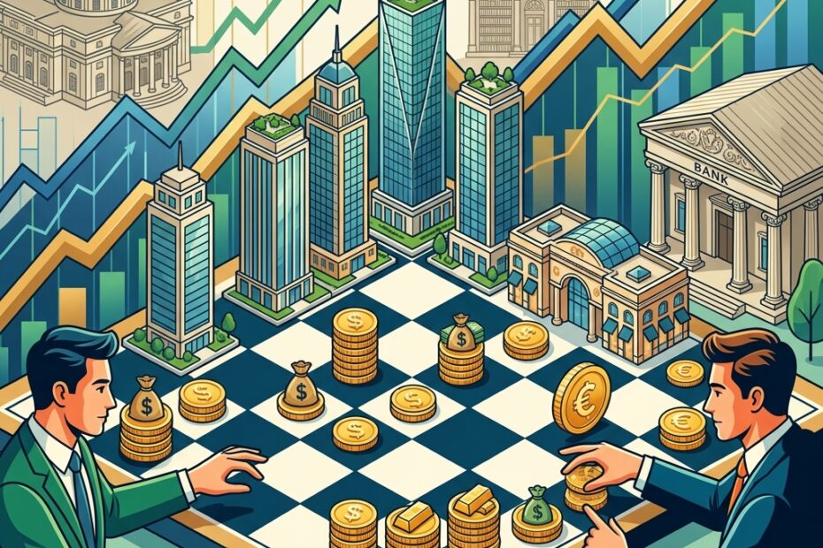 Desenho vetorial de um tabuleiro de xadrez com arranha-céus de luxo, moedas de ouro e gráficos com setas para cima, em estilo clássico e financeiro.