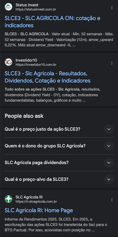 Note que busquei por SLCE3 nesse print. Temos os sites campeões, mas também temos perguntas recorrentes de pessoas.