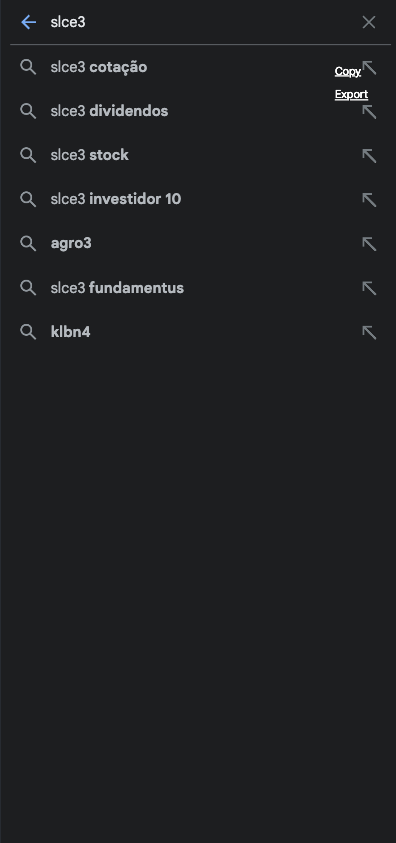 Nesse exemplo, você pode notar os termos mais buscados em relação ao ticket SLCE3