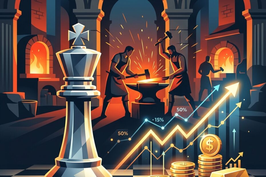 Ilustração vetorial de uma peça de rei do xadrez feita de aço sobre um tabuleiro com moedas de ouro e gráficos de ações ao fundo, representando a estratégia de investimento em ações Usiminas USIM3.