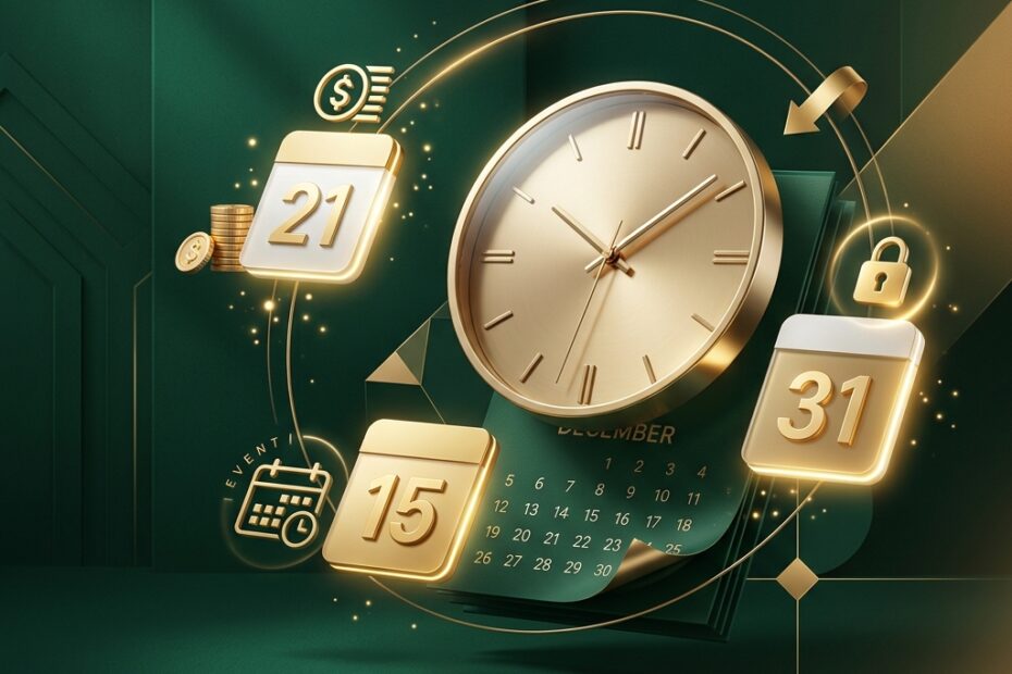Gráfico conceitual de calendário financeiro com marcações de datas e relógio tridimensional dourado sobre fundo verde-escuro, representando prazos e datas de corte de dividendos (Data Com e Data Ex)