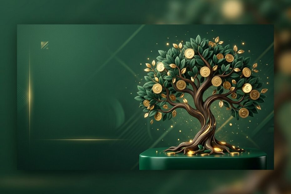 Gráfico conceitual tridimensional de árvore de investimentos com folhas feitas de moedas douradas brilhantes sobre fundo verde-escuro, simbolizando a seleção e crescimento de uma carteira de dividendos