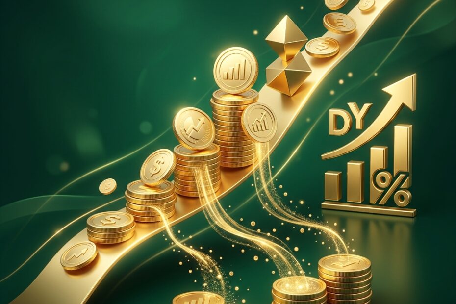 Ilustração conceitual de crescimento patrimonial com moedas douradas estilizadas e folhas de plantas verdes ascendentes sobre fundo verde-escuro, representando a distribuição de dividendos (Dividend Yield)