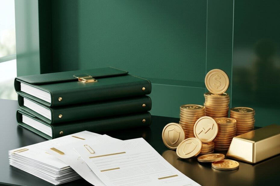 Ilustração tridimensional de documentos fiscais e gráficos financeiros dourados sobre fundo verde-escuro, representando a declaração de Imposto de Renda sobre investimentos em ações