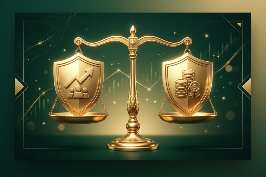 Ilustração conceitual tridimensional contendo dois escudos dourados com as siglas estilizadas ON e PN sobre fundo verde-escuro, simbolizando os diferentes tipos de ações na bolsa de valores