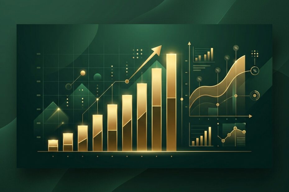 Gráfico financeiro de crescimento com barras douradas e fundo verde, representando o indicador P/L (Preço/Lucro)
