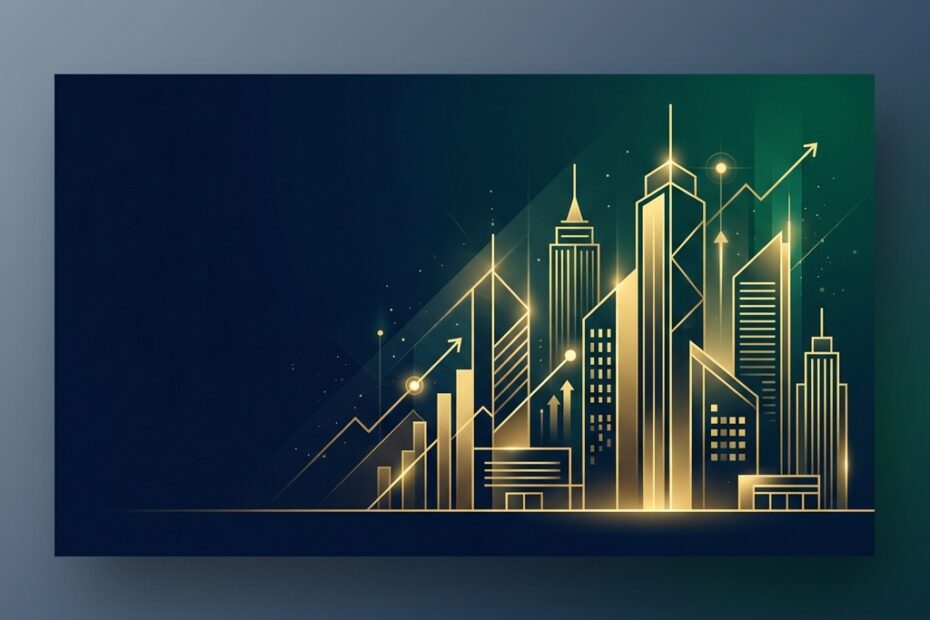 Vetor dourado de edifícios corporativos e arranha-céus em crescimento sobre fundo azul e verde, representando o indicador P/VP (Preço sobre Valor Patrimonial)